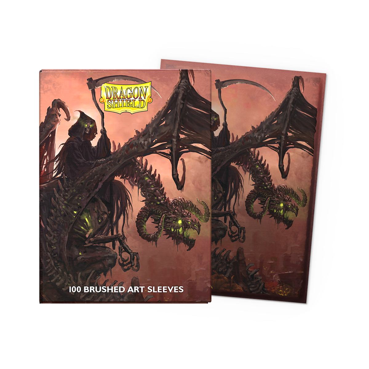 A dark fantasy art brushed art sleeves featuring a grim reaper riding a skeletal dragon. Brand: Dragon Shield, Item: Halloween 2025 - Brushed Art Sleeves