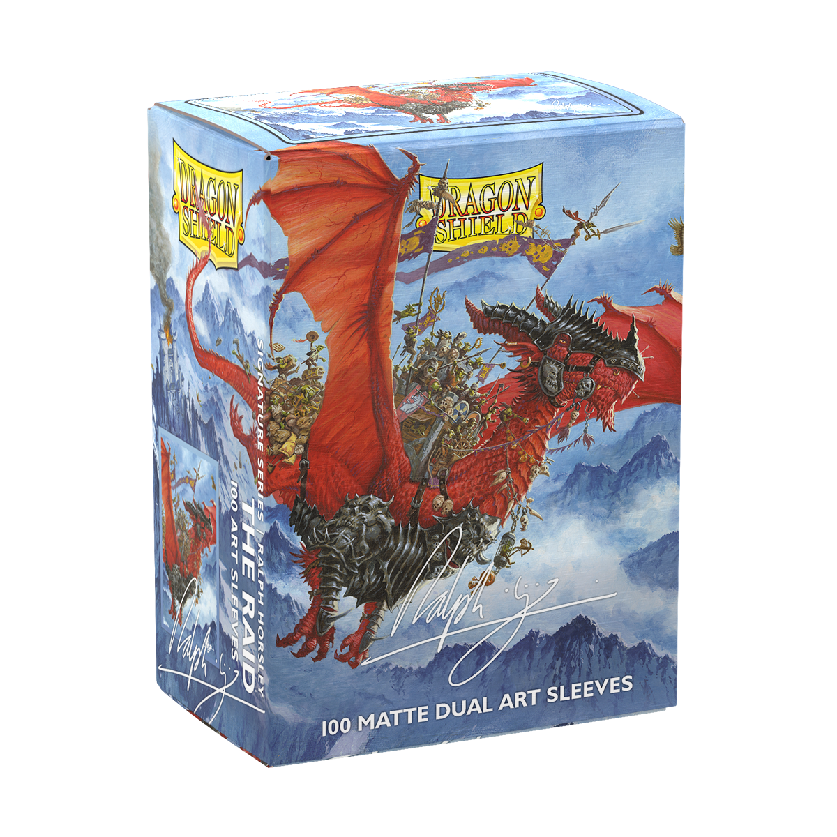 A Matte Dual Art Sleeves deck box featuring "The Raid" artwork by Ralph Horsley. Brand: Dragon Shield, Item: Signature Series - The Raid - Matte Dual Art Sleeves.