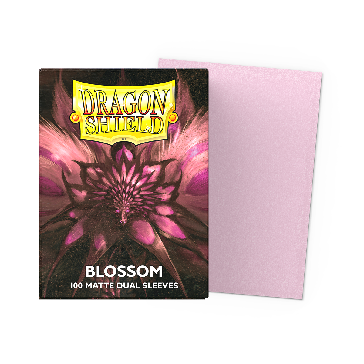 A pink Dragon Shield Blossom 100 Matte Dual Sleeves.