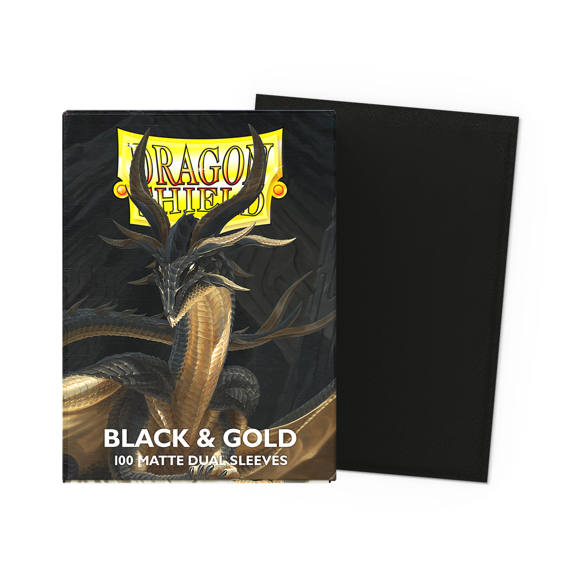 A Black & Gold Matte Dual Sleeves deck box. Brand: Dragon Shield, Item: Black & Gold - Matte Dual Sleeves.