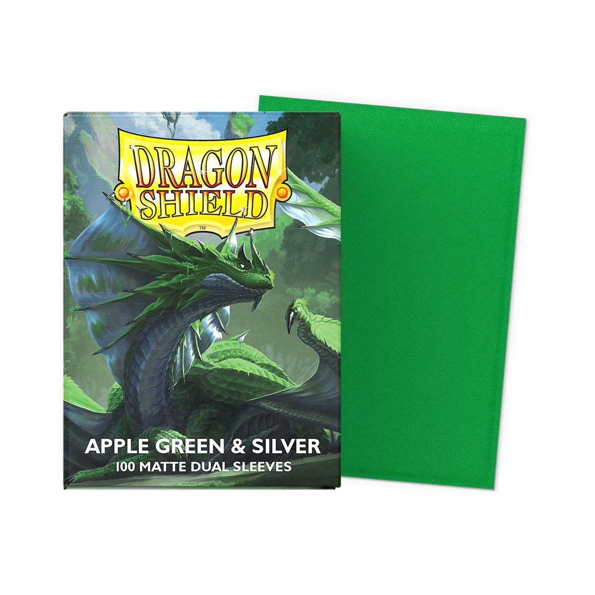 A green and silver Dragon Shield Matte Dual Sleeves deck box with a dragon illustration.