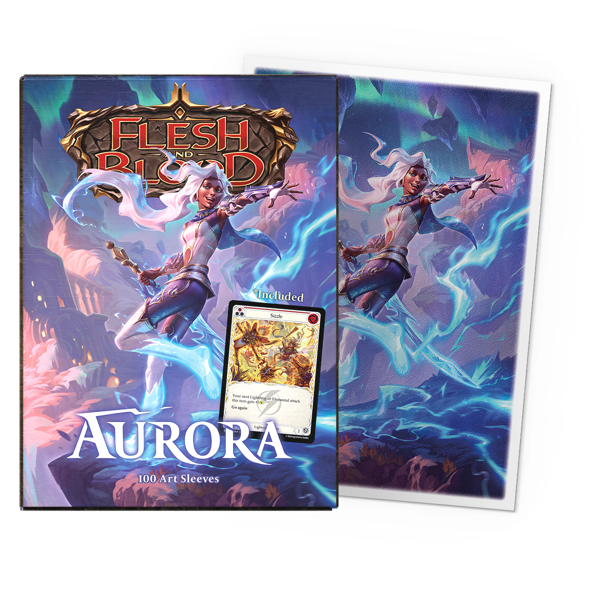 A matte art sleeve set featuring Aurora from Flesh and Blood. Brand: Dragon Shield, Item: Aurora - Matte Art Sleeves.