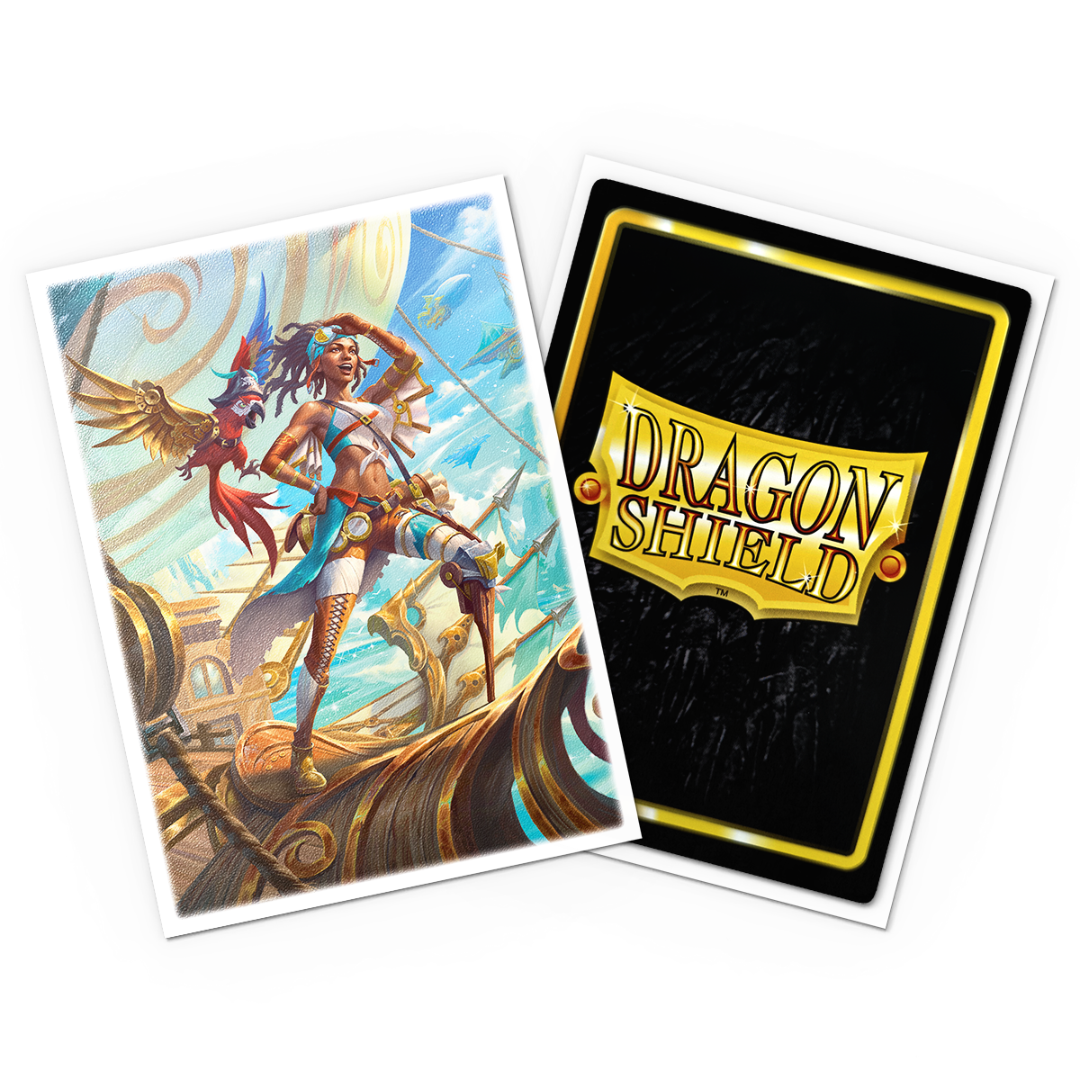 A Matte Art Puffin: Hightail card sleeve featuring a female pirate and a parrot on a ship. Brand: Dragon Shield, Item: Puffin: Hightail - Matte Art Sleeves.