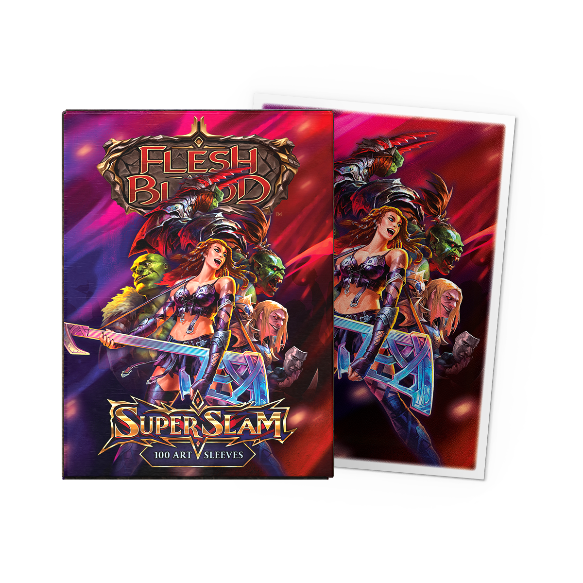 A vibrant art sleeve pack featuring characters from Flesh and Blood. Brand: Dragon Shield (Dev), Item: Super Slam - Matte Art Sleeves.