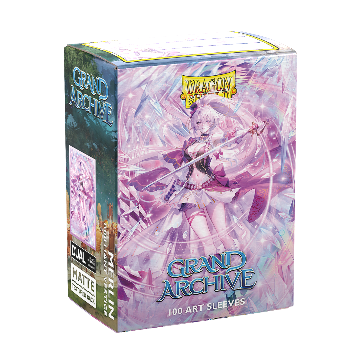 A Matte Dual Art Sleeve Deckbox featuring Merlin Vestige from Grand Archive. Brand: Dragon Shield, Item: Grand Archive - Merlin Vestitor - Matte Dual Art Sleeves.