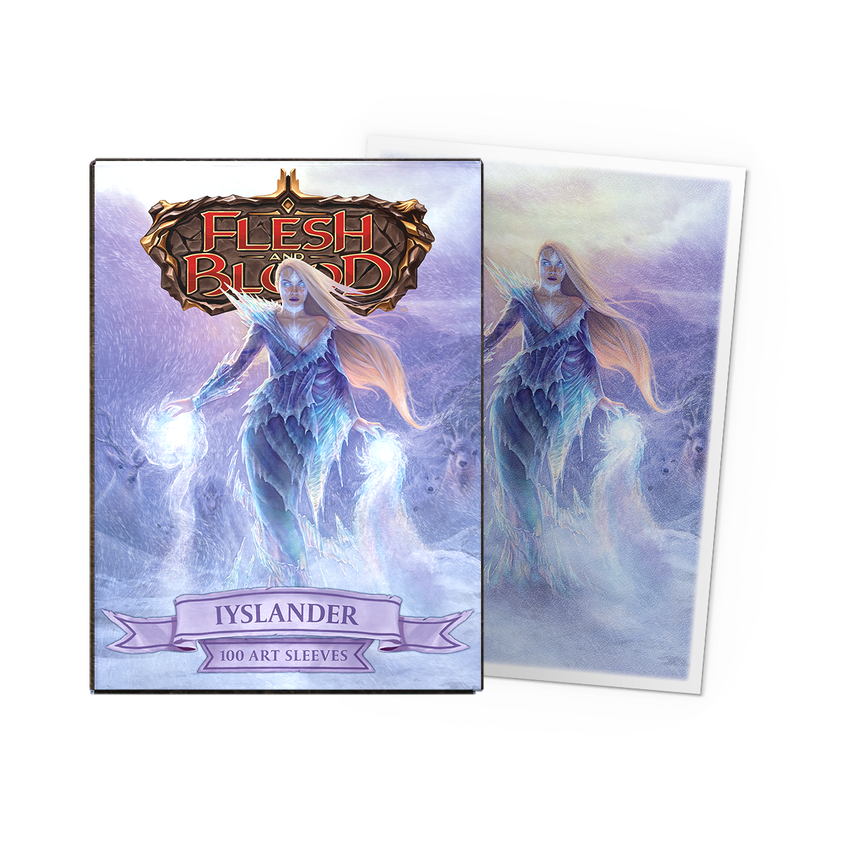 A purple and white Flesh and Blood Iyslander: Elemental Wizard 100 Art Sleeves by Dragon Shield.