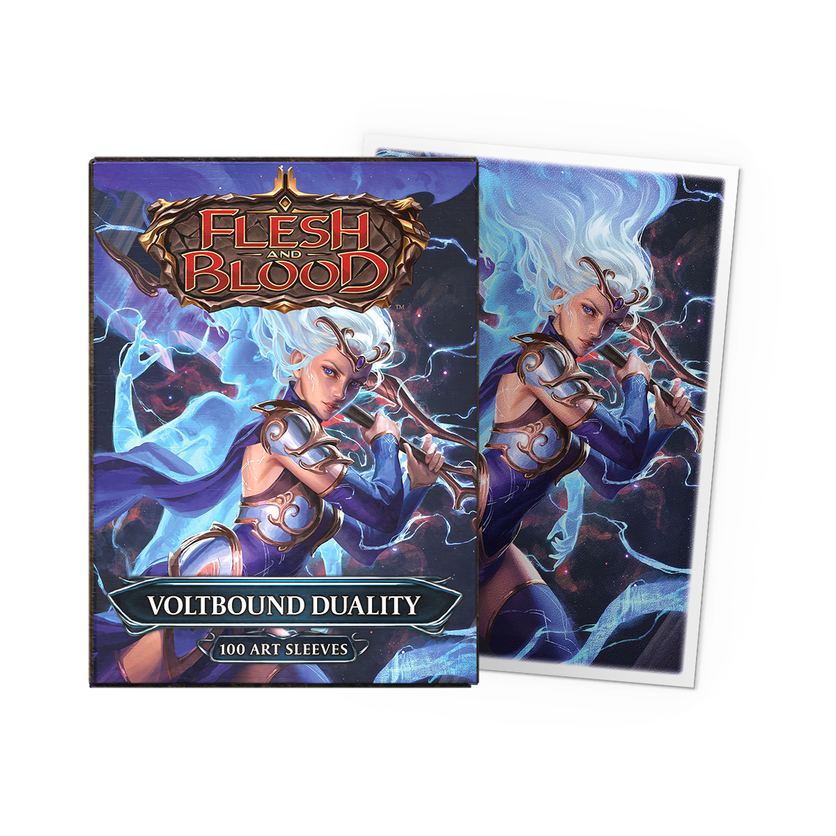 A matte art card sleeve set featuring the Voltbound Duality artwork from Flesh and Blood. Brand: Dragon Shield, Item: Voltbound Duality - Matte Art Sleeves.