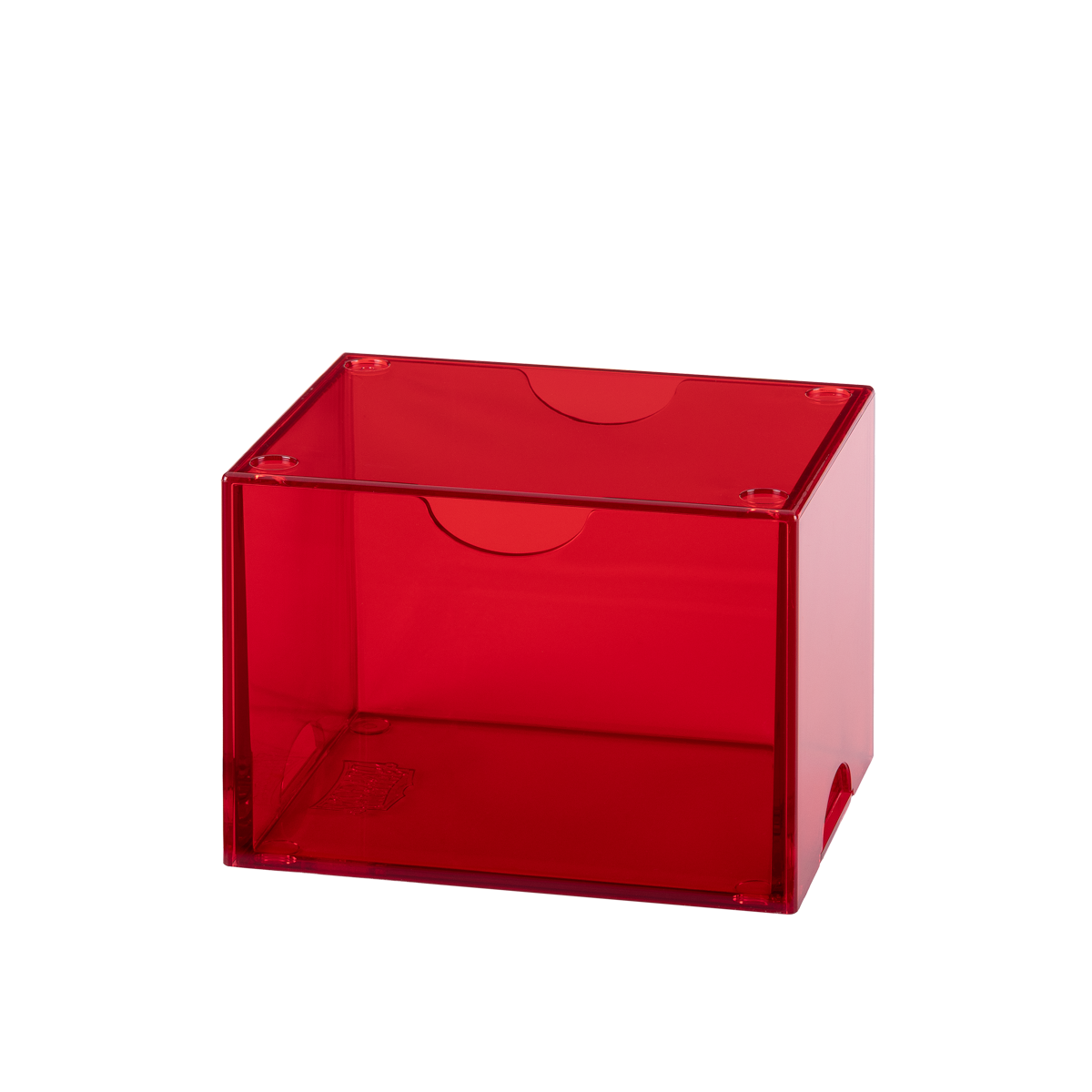 A translucent red Dragon Shield Strongbox deck box.