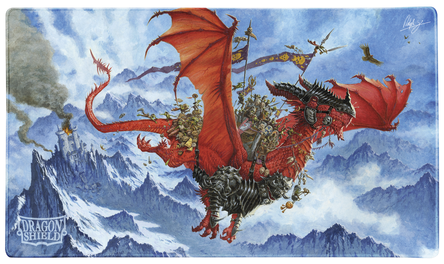 A red dragon carrying orcs over snowy mountains, with a burning castle below. Dragon Shield TCG Playmat.