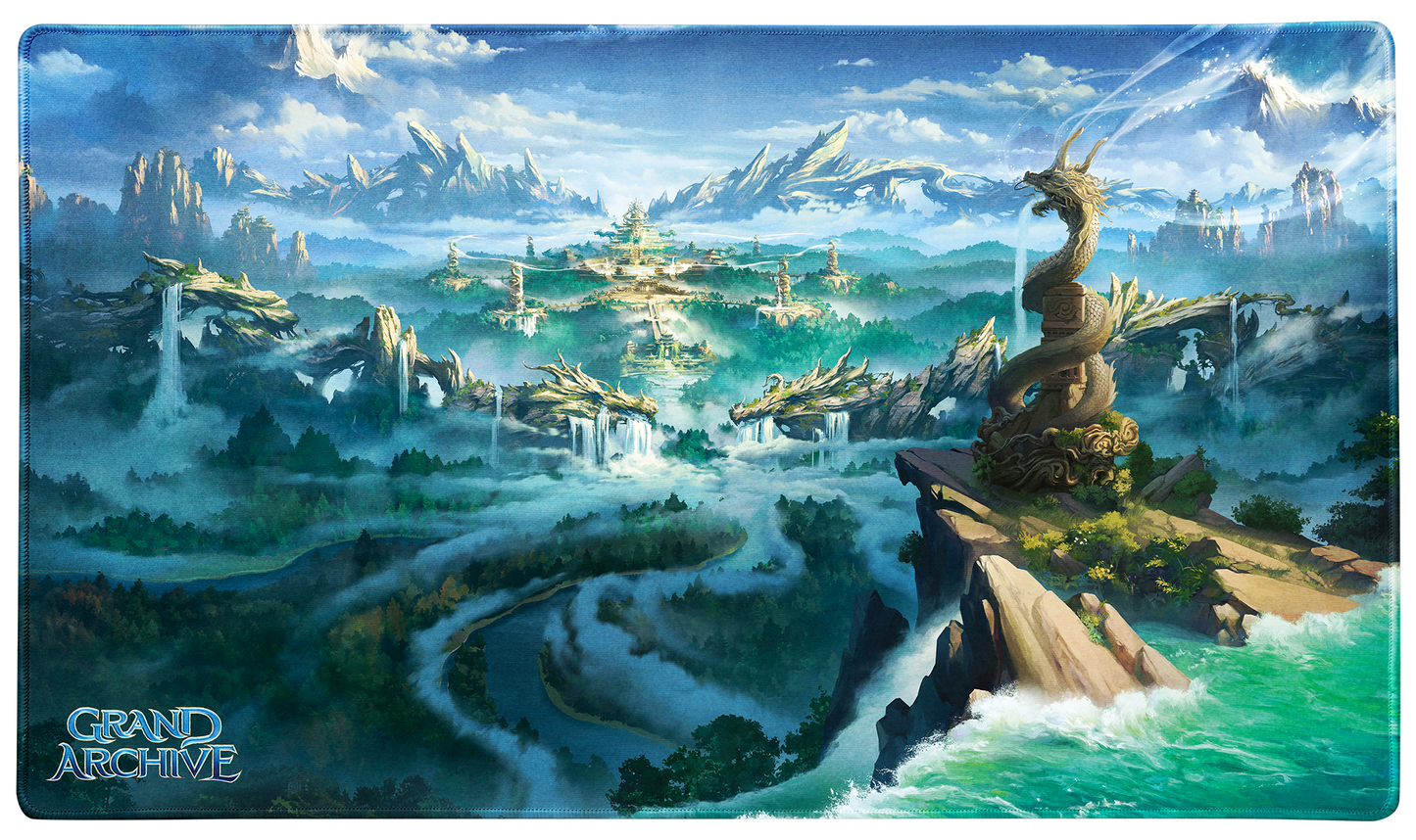 A fantasy landscape TCG Playmat featuring the Baidi, Oathsworn Palace from Grand Archive. Brand: Dragon Shield (Dev), Item: Grand Archive - Baidi, Oathsworn Palace - TCG Playmat.