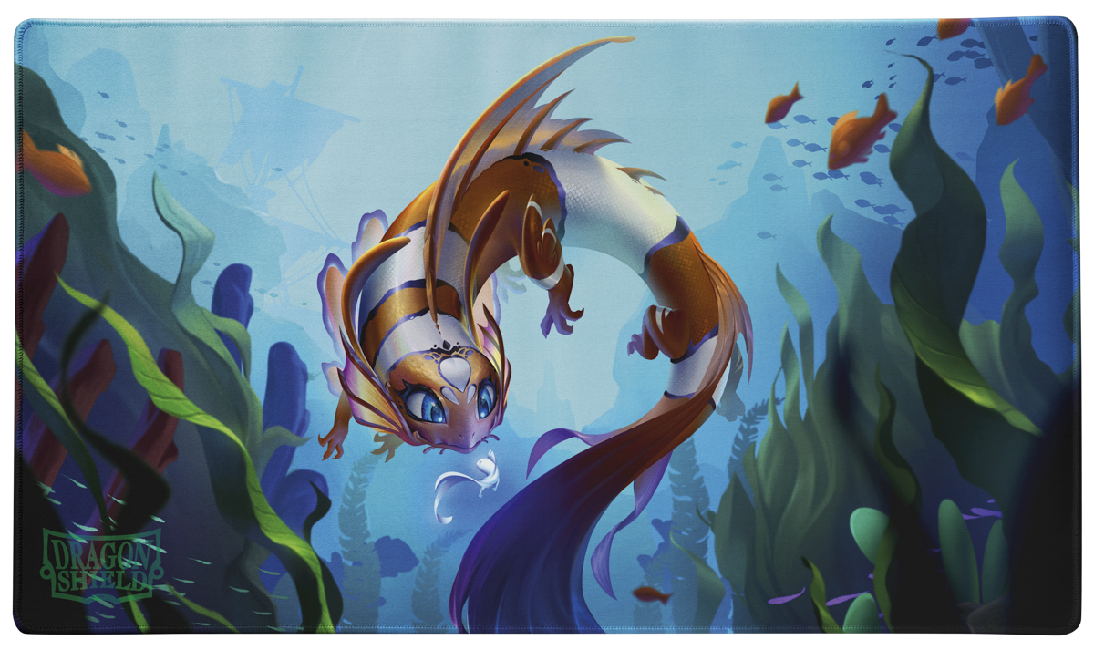 A Cinderfin TCG Playmat from Dragon Shield featuring a dragon-like fish with orange and white stripes swimming in a coral reef.