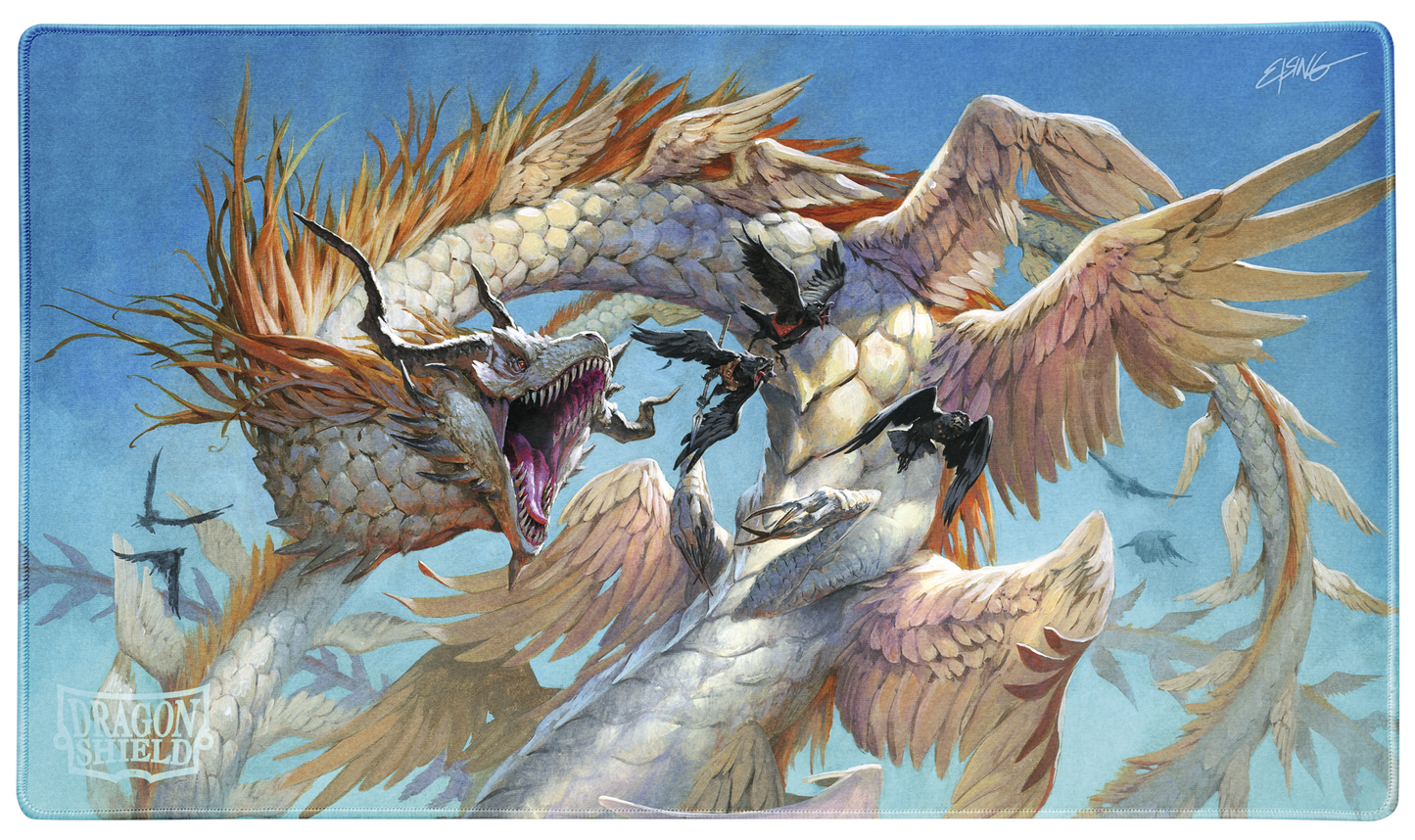 A blue and white Dragon Shield Signature Series TCG Playmat featuring the Ejsingandr dragon battling black birds.