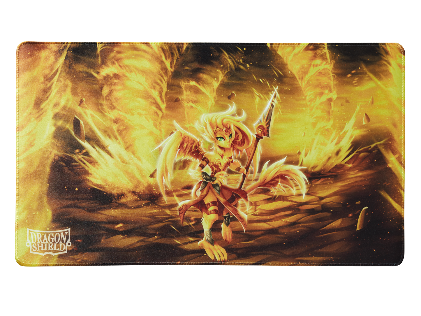 A fiery Dragon Shield TCG Playmat featuring Dorna Transformed.