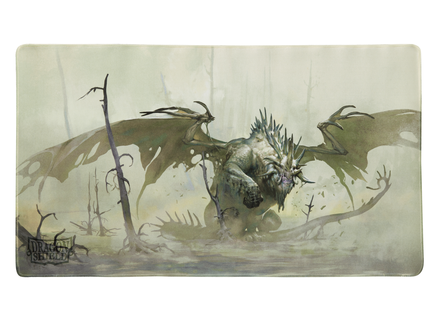 A green and white Dragon Shield TCG Playmat featuring a fearsome dragon emerging from a misty swamp.