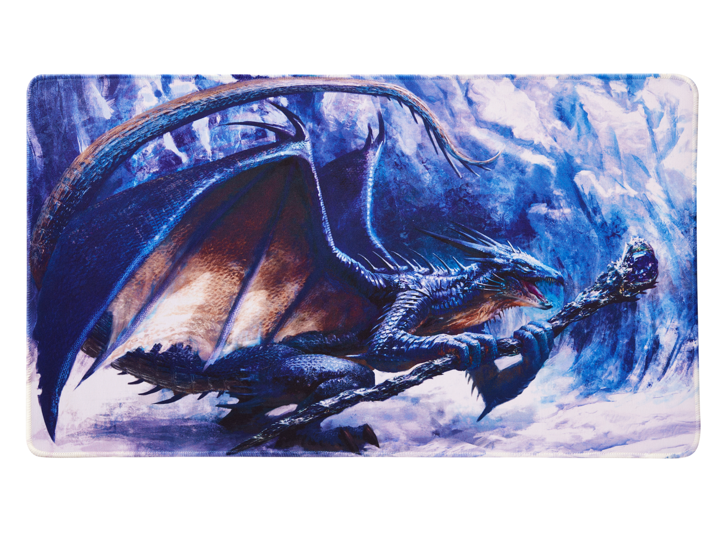 A blue and brown dragon holding a staff, on a blue icy background. Dragon Shield (Dev) Royenna TCG Playmat.