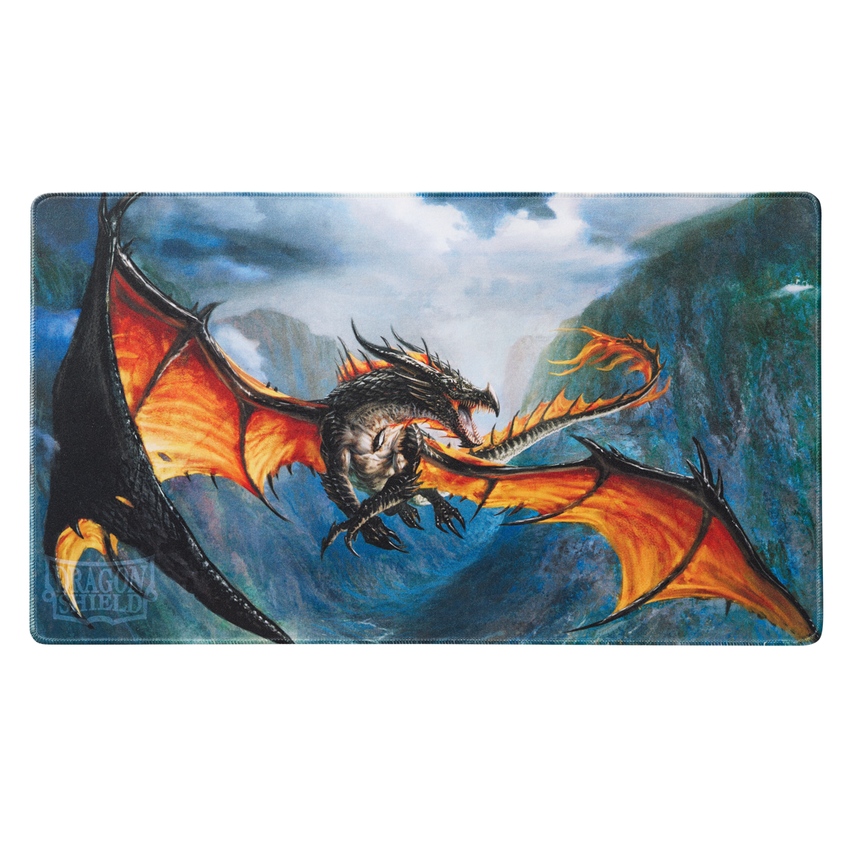 A Dragon Shield Amina TCG Playmat featuring a black and orange dragon flying through a mountainous landscape.
