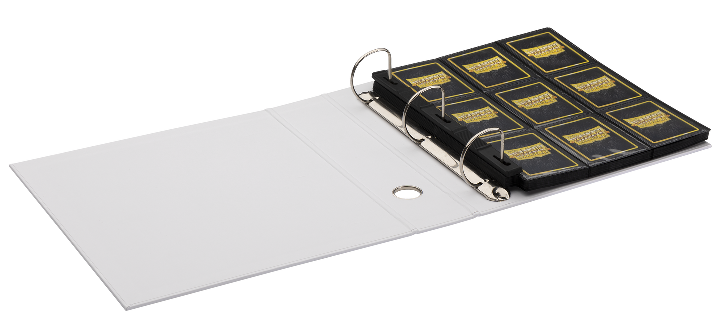 A white binder with Dragon Shield card sleeves. Brand: Dragon Shield, Item: Sanctuary Slipcase Binder.