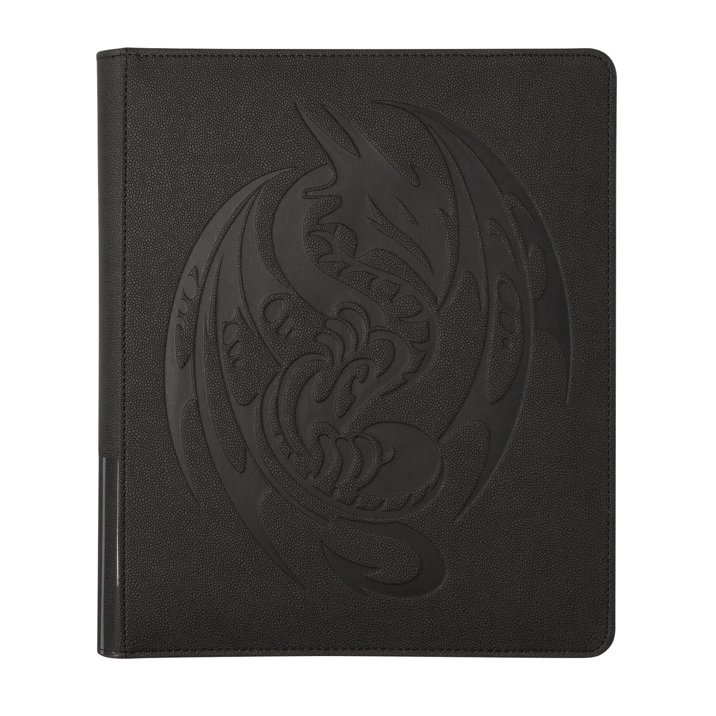 A black leather-look Card Codex Portfolio 360 with an embossed dragon design. Brand: Dragon Shield (Dev), Item: Card Codex Portfolio 360 - Iron Grey.