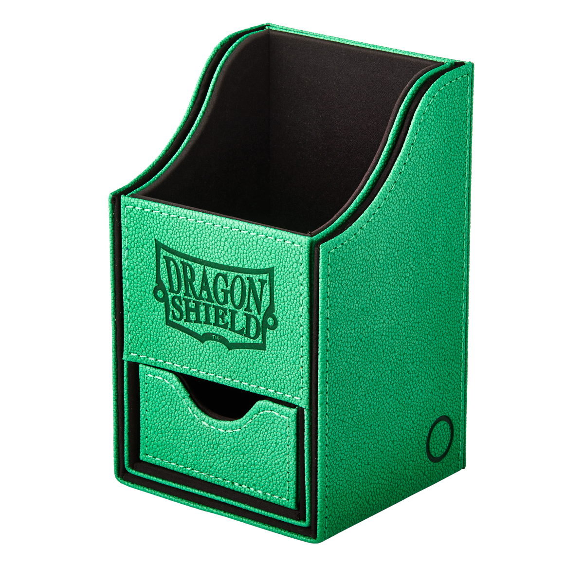 A green and black Dragon Shield Nest +100 deck box with a small drawer.