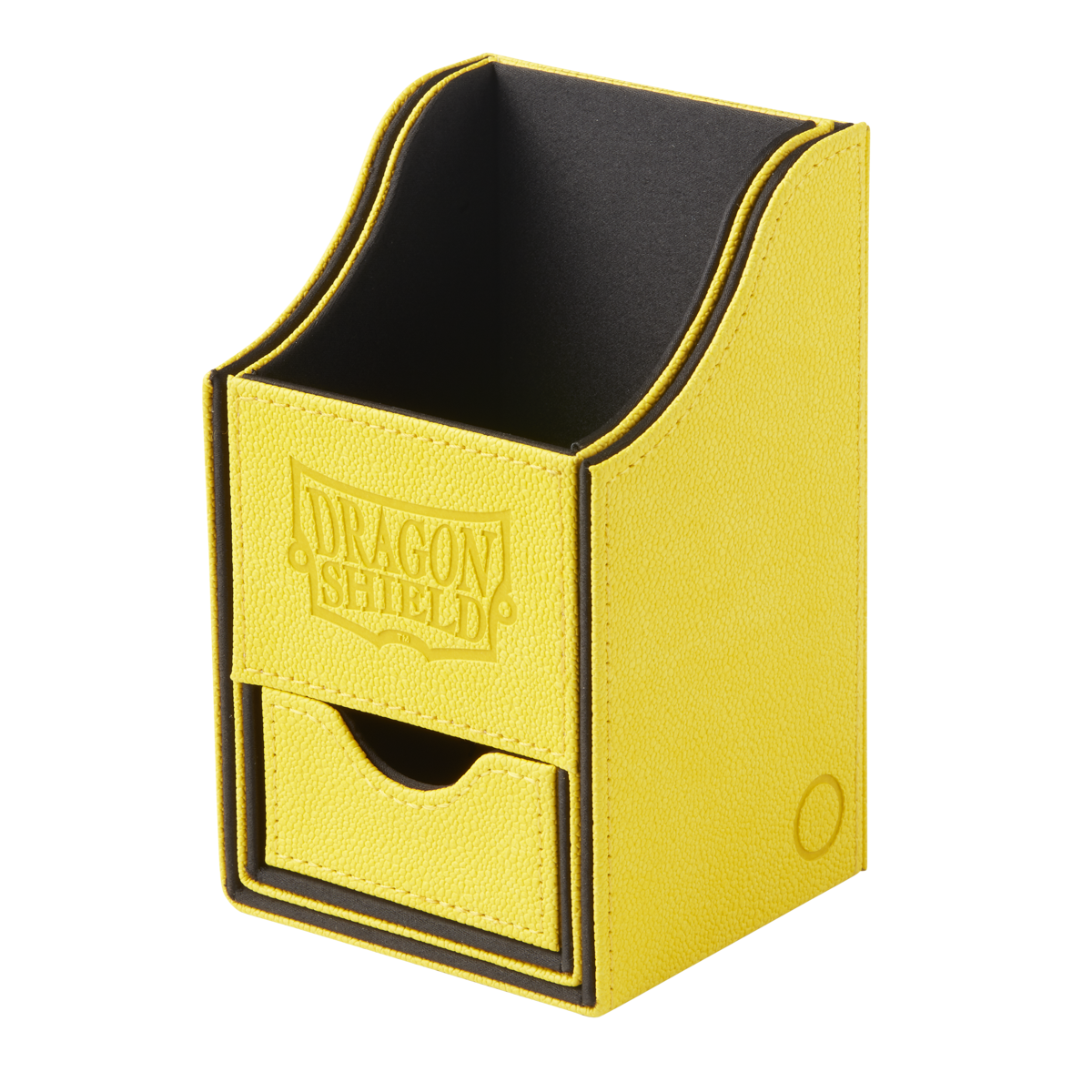 A yellow and black Dragon Shield Nest +100 deck box with a drawer.