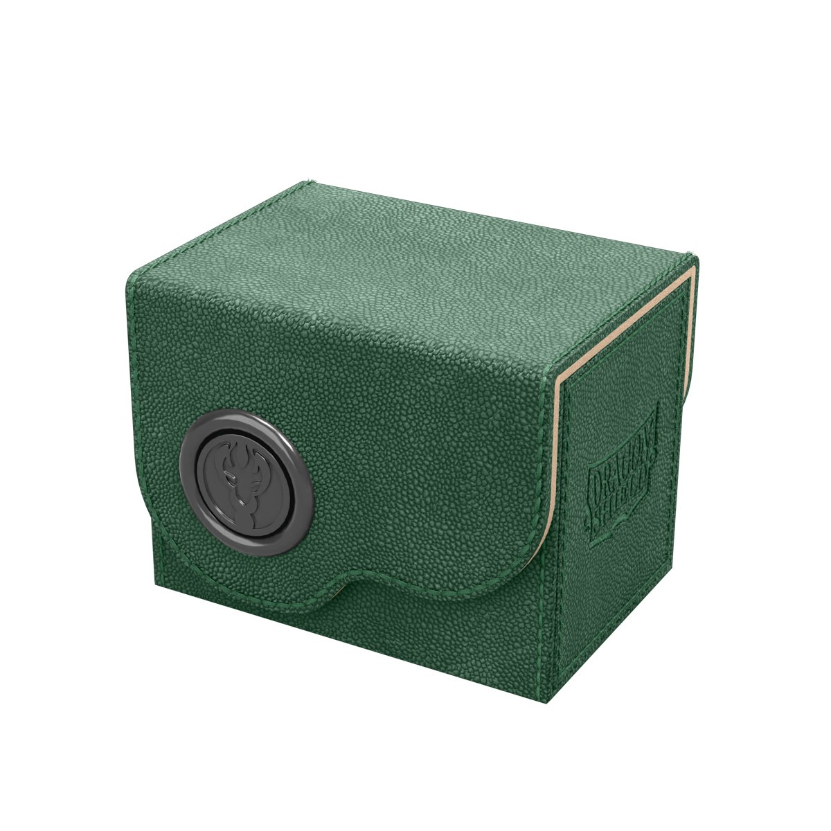 A dark green Dragon Shield deck box with a sand-colored trim and a black emblem. Brand: Dragon Shield, Item: Dragon Box 80+ Green & Sand.