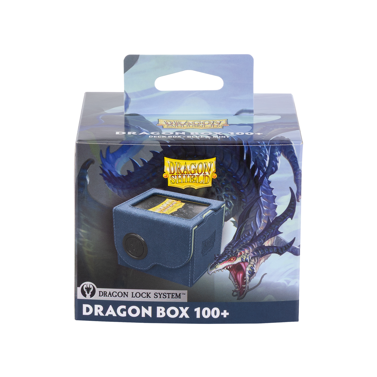 A blue Dragon Shield deck box 100+ with a dragon illustration. Brand: Dragon Shield, Item: Dragon Box 100+ Blue & Mint.