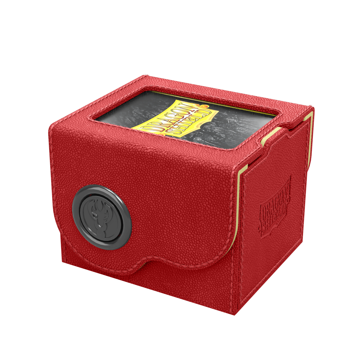 A red and yellow Dragon Shield deck box. Brand: Dragon Shield, Item: Dragon Box 100+ Red & Lemon.