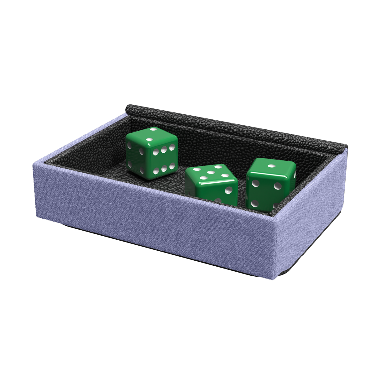 A lilac and black Dragon Shield dice tray with three green dice. Brand: Dragon Shield (Dev), Item: Dragon Tray - Black & Lilac