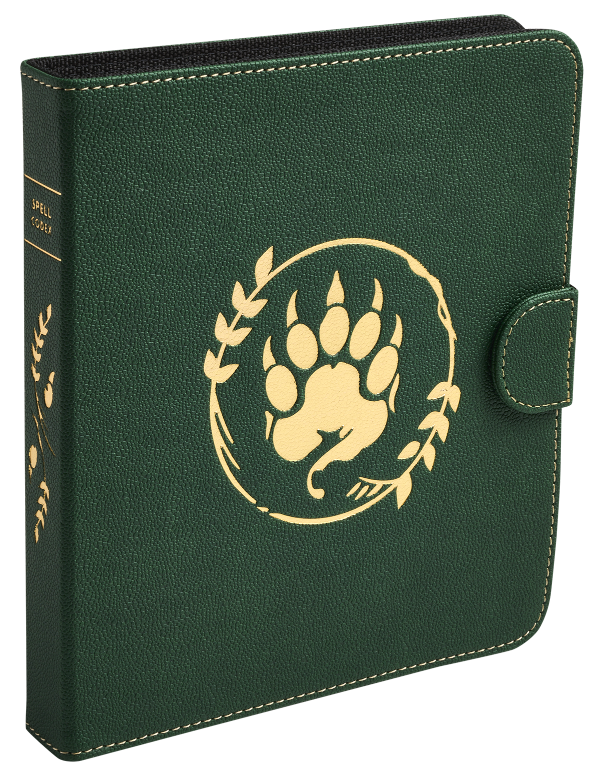 A Forest Green Spell Codex by Dragon Shield. This gaming accessory features a golden bear paw print emblem and "Spell Codex" text on the spine.