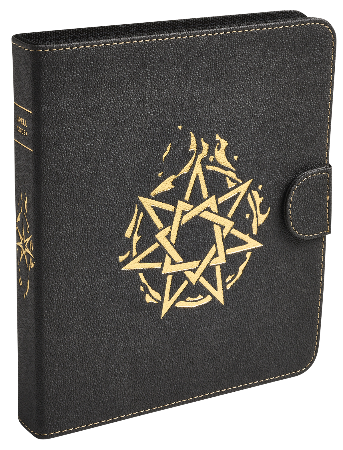 A black Spell Codex with a gold pentagram design. Brand: Dragon Shield (Dev), Item: Spell Codex - Iron Grey.