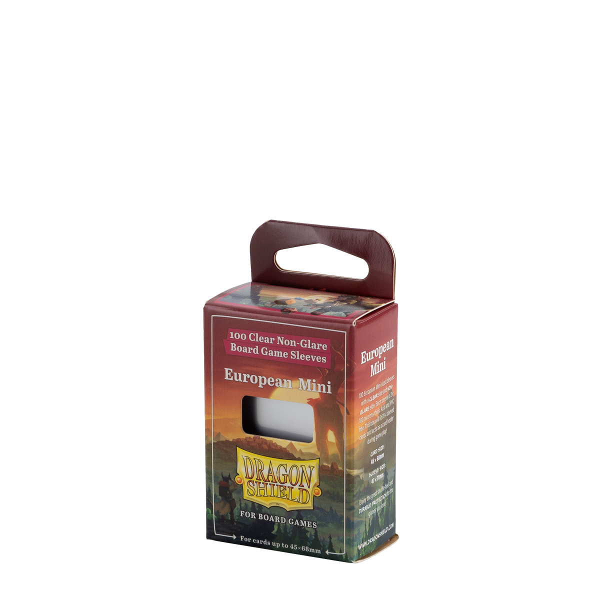 A clear/non-glare Dragon Shield European Mini board game sleeves box.