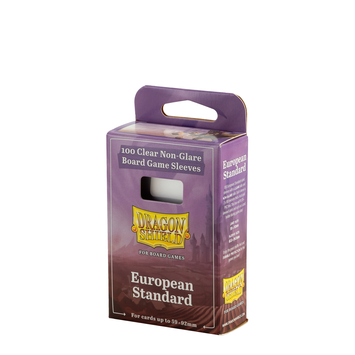A purple and brown Dragon Shield European Standard 100 Clear Non-Glare Board Game Sleeves.