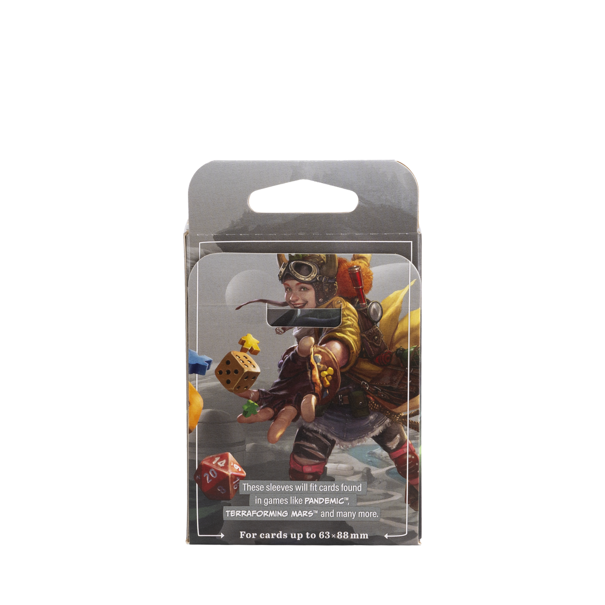 A clear/non-glare board game sleeve box featuring artwork of a character from a board game. Brand: Common, Item: Standard - Clear/Non-Glare - Board Game Sleeves.