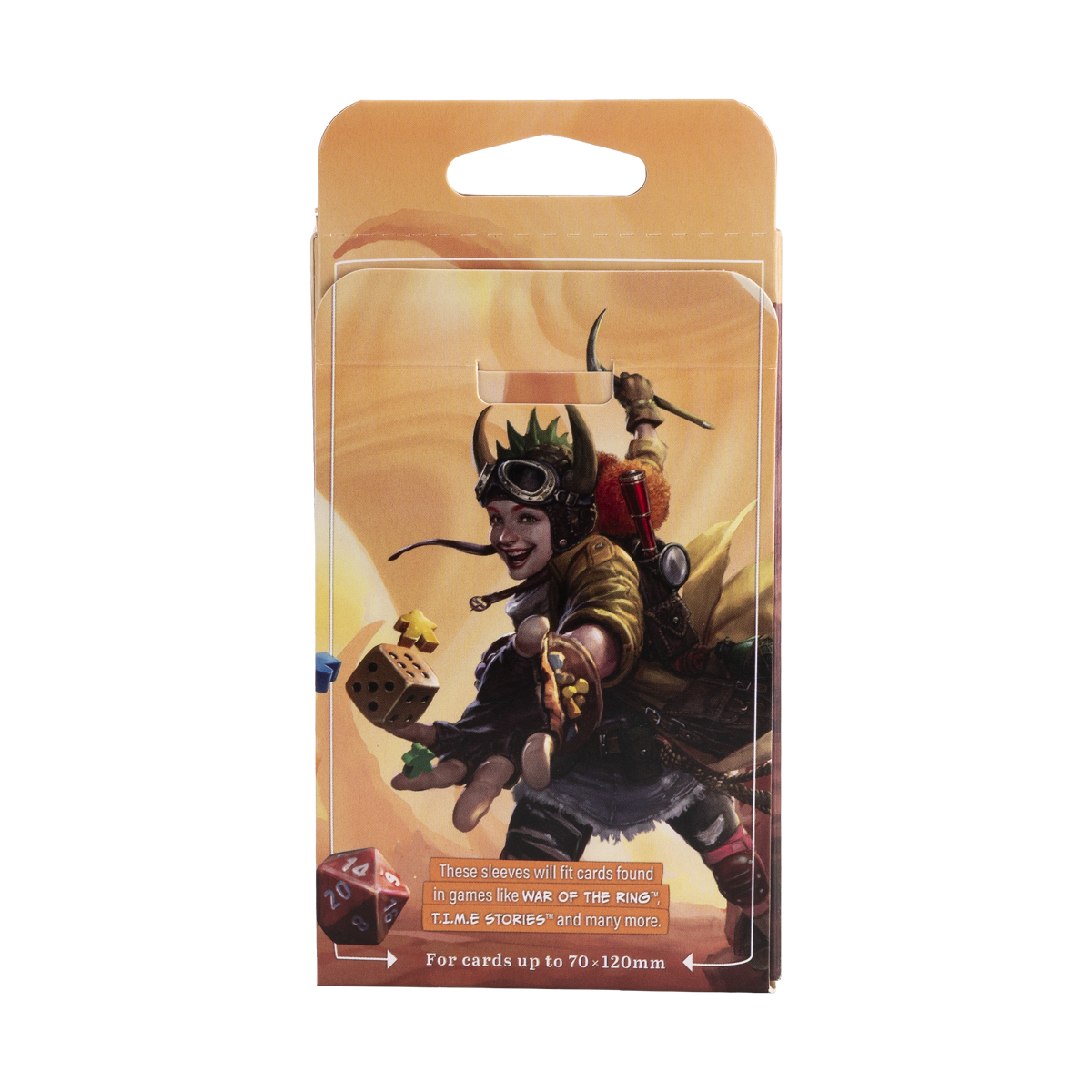 A clear/non-glare board game sleeves package featuring artwork of a character with goggles and dice. Item: Tarot - Clear/Non-Glare - Board Game Sleeves.