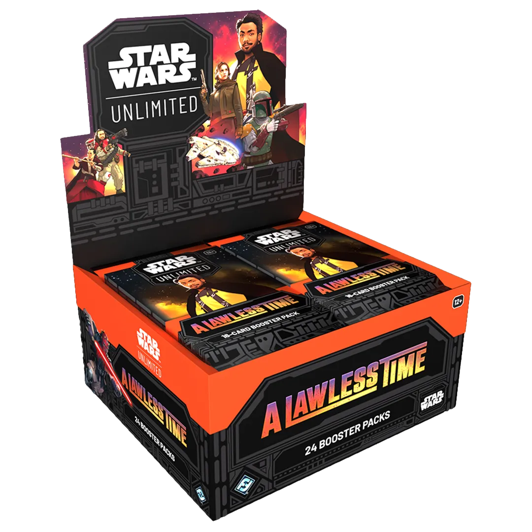 A sealed Booster Box box featuring Star Wars: A Lawless Time art. Publisher: Star Wars Unlimited, Game: Star Wars Unlimited, Set: A Lawless Time (ALTS)