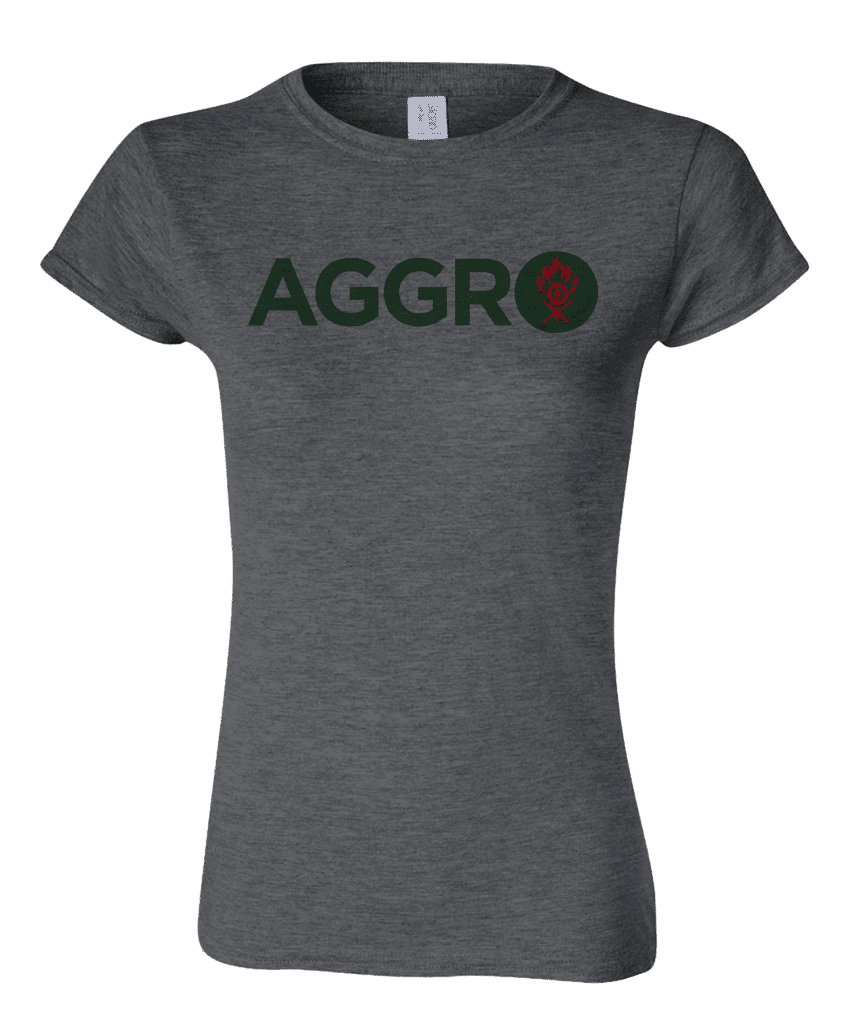 A charcoal women's t-shirt with the word AGGRO and a Gruul symbol. Brand: MTG PRO Shop, Item: Guild Word Women's Gruul AGGRO T-Shirt for Magic: The Gathering
