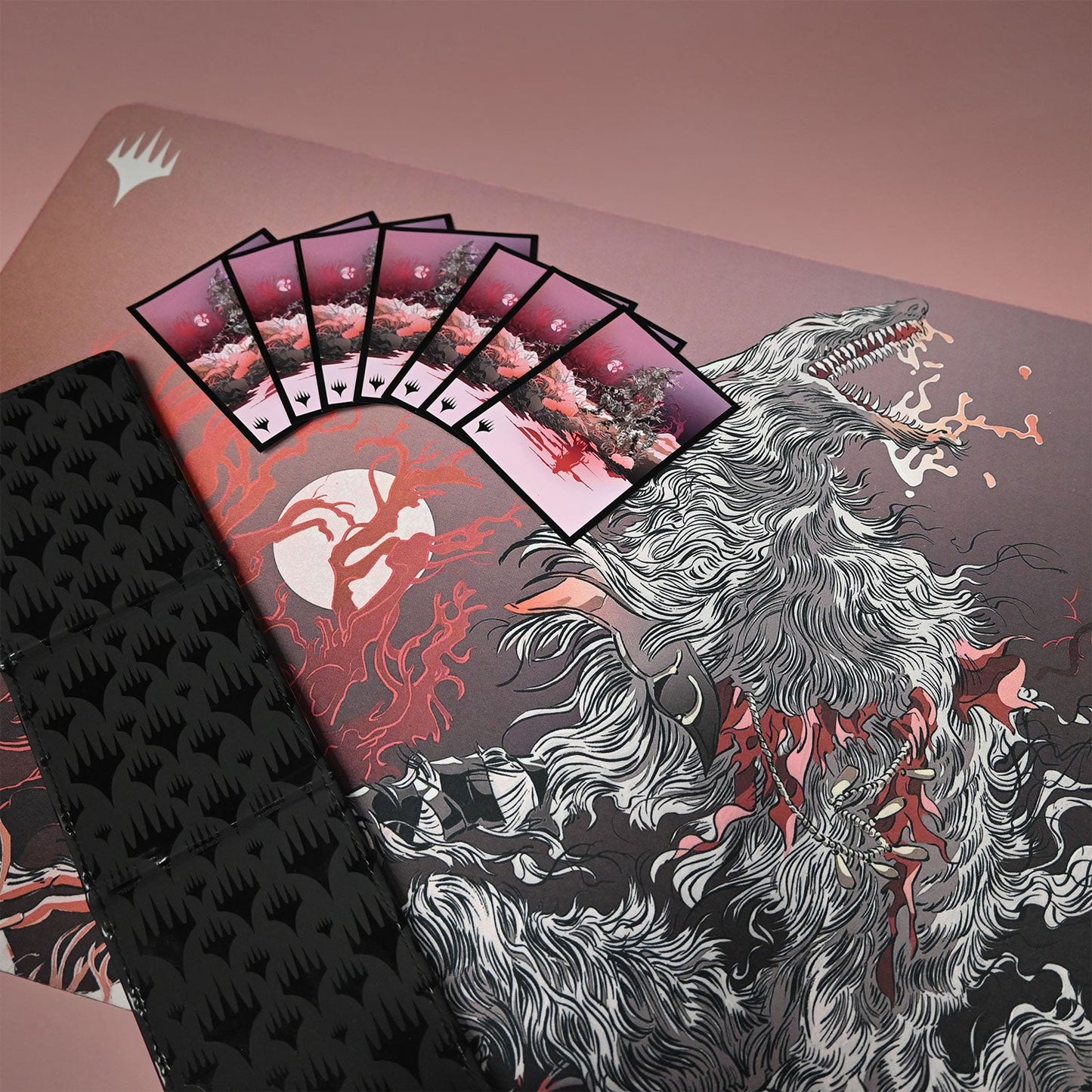 A pink and grey playmat featuring Arlinn the Pack Leader from Magic: The Gathering, with several cards fanned out on top. Brand: Magic: The Gathering, Item: Innistrad: Midnight Hunt Arlinn the Pack Leader Double-Sided Standard Gaming Playmat.