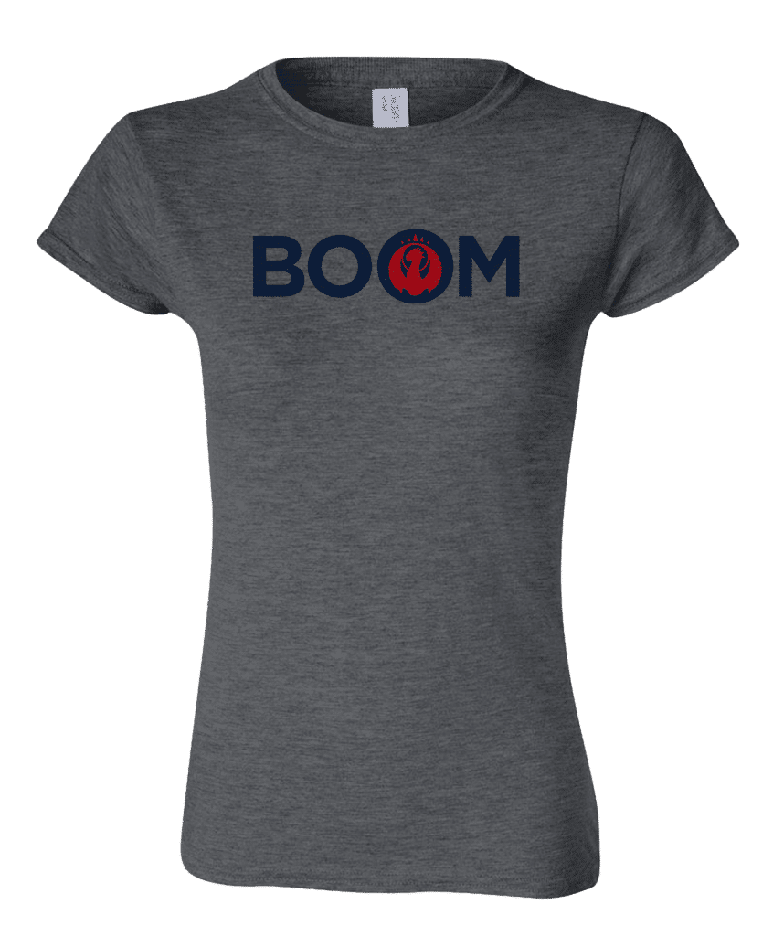 A dark grey women's t-shirt with the word "BOOM" in navy blue and a red Izzet League symbol. Brand: MTG PRO Shop, Item: Guild Word Women's Izzet BOOM T-Shirt for Magic: The Gathering