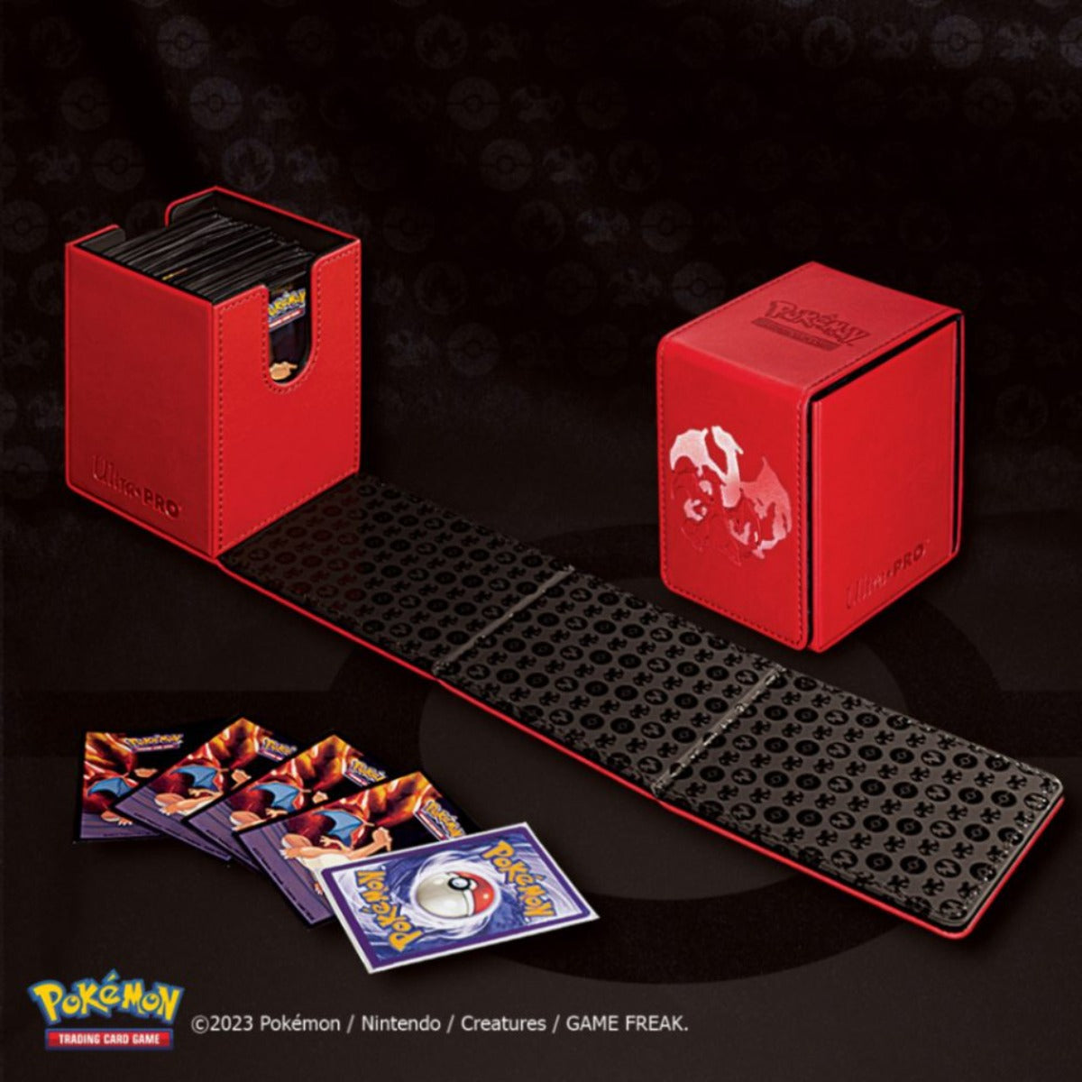 A red Ultra PRO Elite Series Alcove Flip Deck Box for Pokemon featuring Charizard artwork. Brand: Ultra PRO, Item: Elite Series: Charizard ALCOVE® Flip DECK BOX® for Pokemon