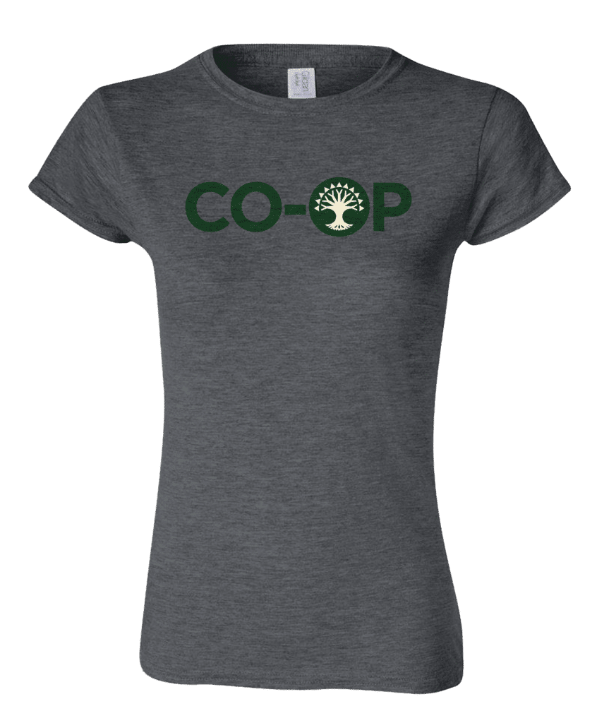 A dark grey women's t-shirt with the Selesnya Conclave symbol and "CO-OP" printed in green. Brand: MTG PRO Shop, Item: Guild Word Women's Selesnya CO-OP T-Shirt for Magic: The Gathering