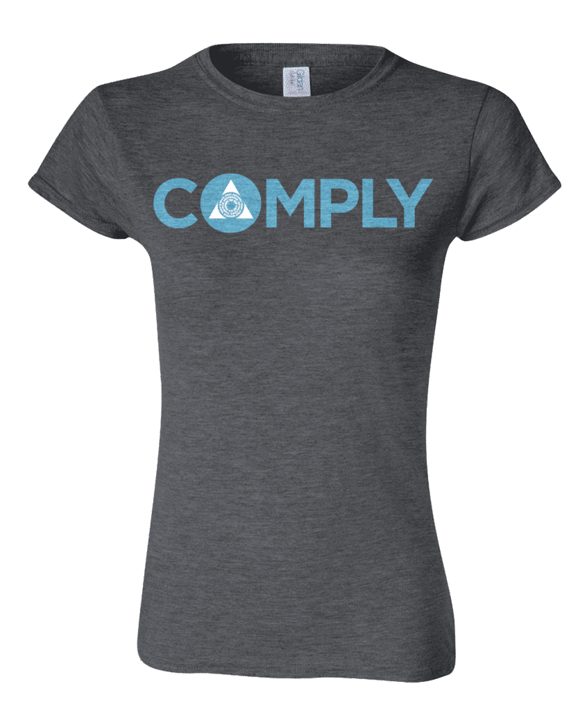 A dark grey women's t-shirt with light blue "COMPLY" text and a circular Azorius symbol. Brand: MTG PRO Shop, Item: Guild Word Women's Azorius COMPLY T-shirt for Magic: The Gathering