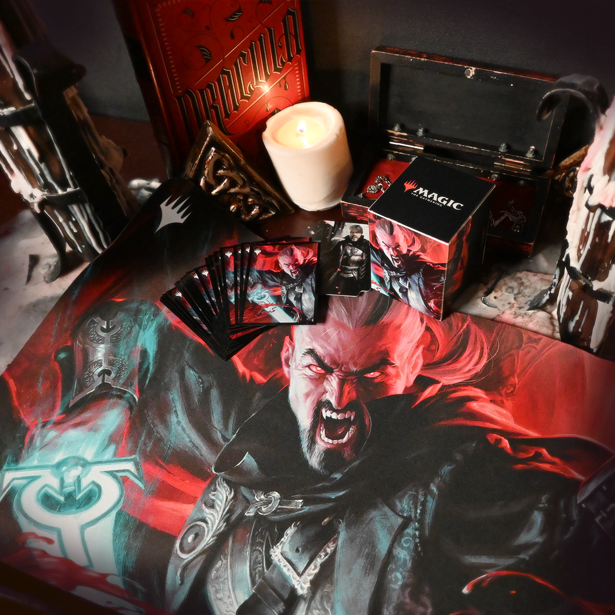 A dark-themed Magic: The Gathering playmat featuring Odric, Blood-Cursed from Innistrad: Crimson Vow. Brand: Magic: The Gathering, Item: Innistrad: Crimson Vow Odric, Blood-Cursed Standard Gaming Playmat.