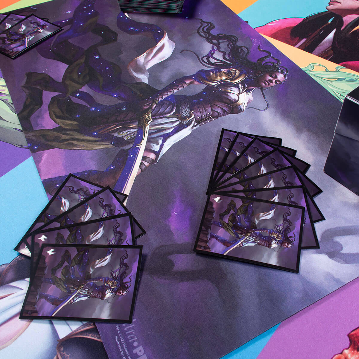 A purple and white Magic: The Gathering playmat featuring Anikthea, Hand of Erebos. Brand: Ultra PRO, Item: Commander Masters Anikthea, Hand of Erebos Standard Gaming Playmat.