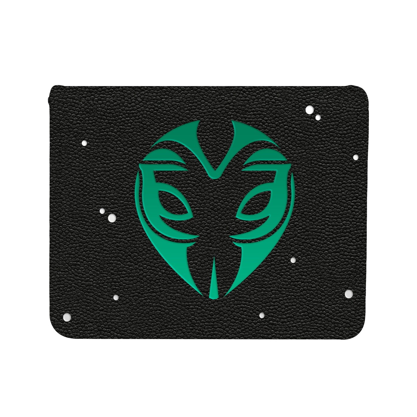 A black textured deck box with a green tribal mask design. Brand: Unknown, Item: Edge of Eternities Evendo, Waking Haven ALCOVE® Edge DECK BOX® for Magic: The Gathering