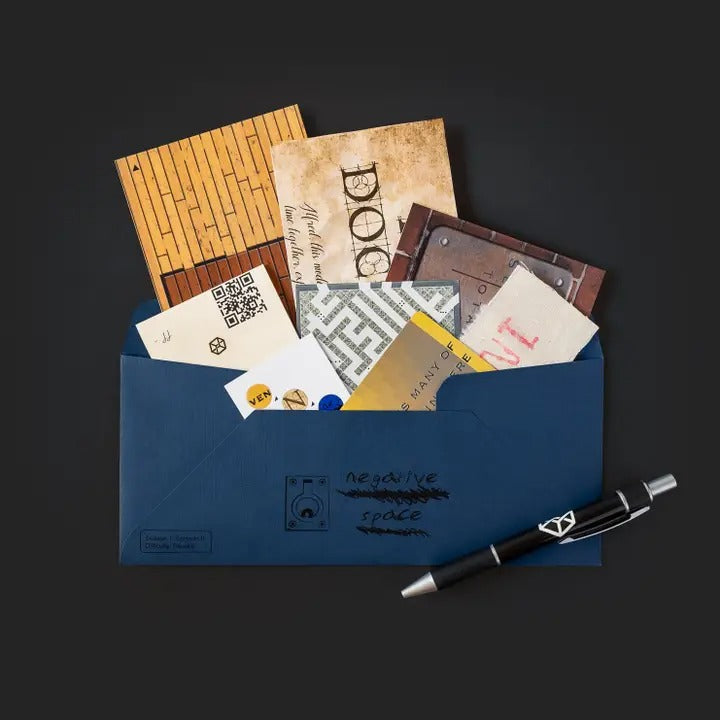 A sealed Family Secrets Series: Episode 9 - Best Served Cold escape room box featuring various puzzle elements and clues. Publisher: Escape Mail.