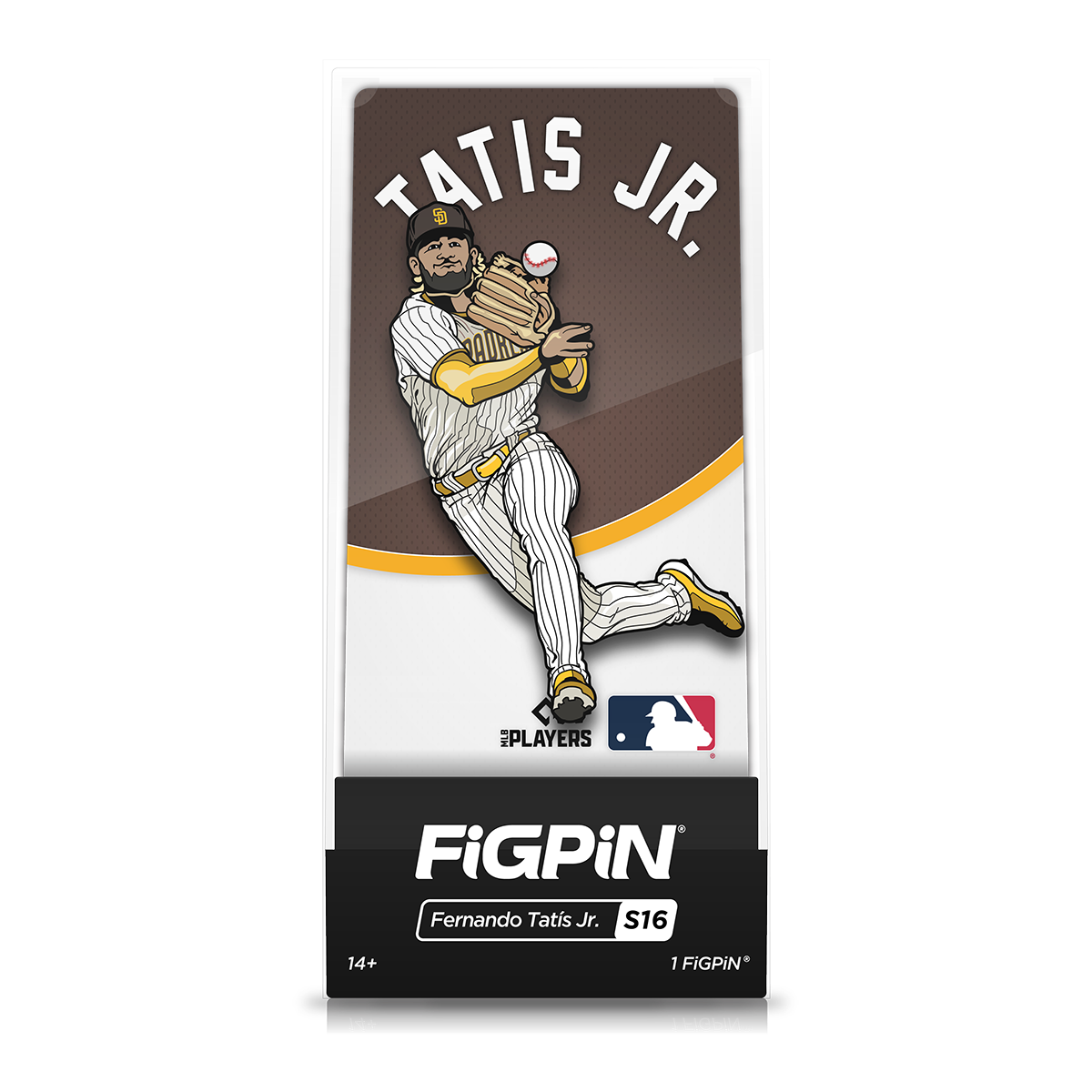 A FiGPiN collectible of Fernando Tatis Jr. in his San Diego Padres uniform, catching a baseball. Brand: FiGPiN, Item: MLB Fernando Tatis Jr.