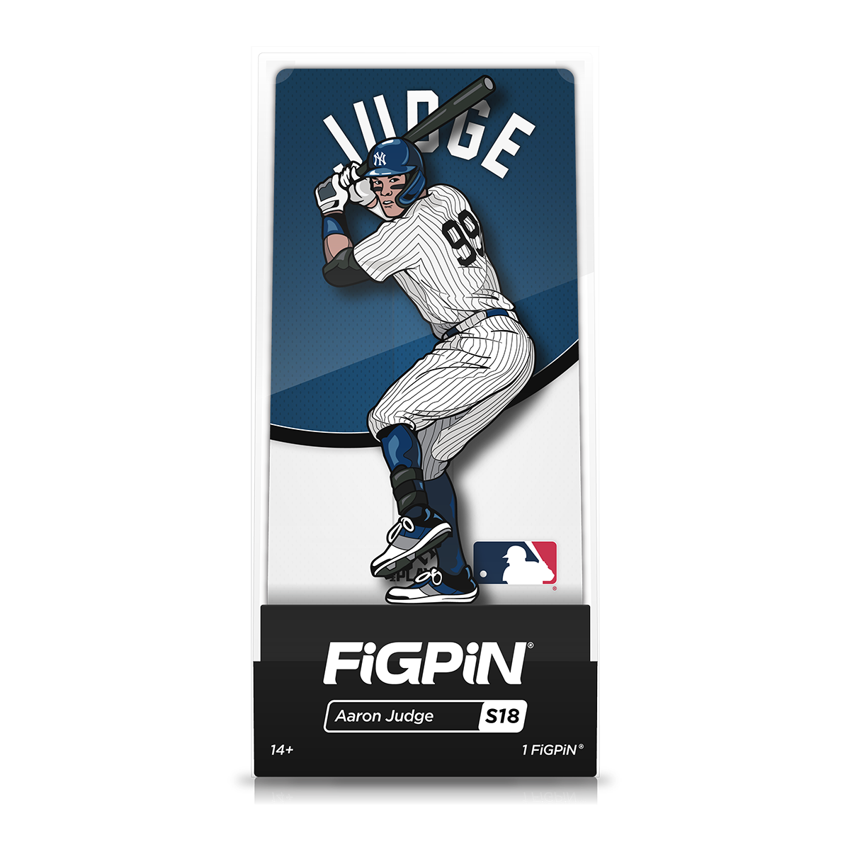 A FiGPiN collectible of Aaron Judge in his New York Yankees uniform, holding a baseball bat.
