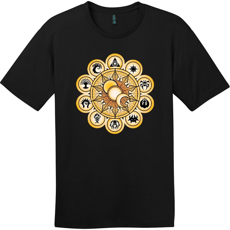 A Black T-shirt featuring the Gold Ravnica Guilds symbol for Magic: The Gathering. Brand: MTG PRO Shop, Item: Gold Ravnica Guilds T-shirt for Magic: The Gathering