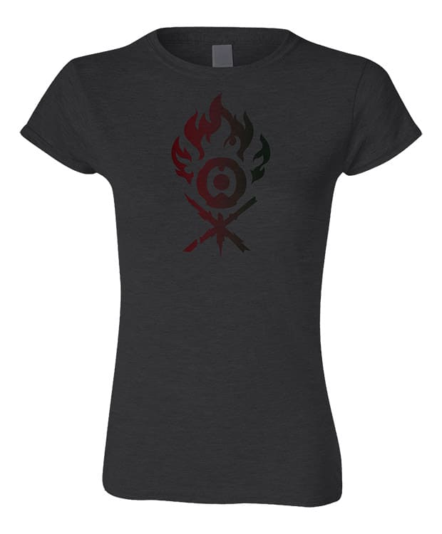 A dark grey women's t-shirt featuring the Gruul clan symbol from Magic: The Gathering. Brand: MTG PRO Shop, Item: Guild Symbol Women's Gruul T-Shirt for Magic: The Gathering