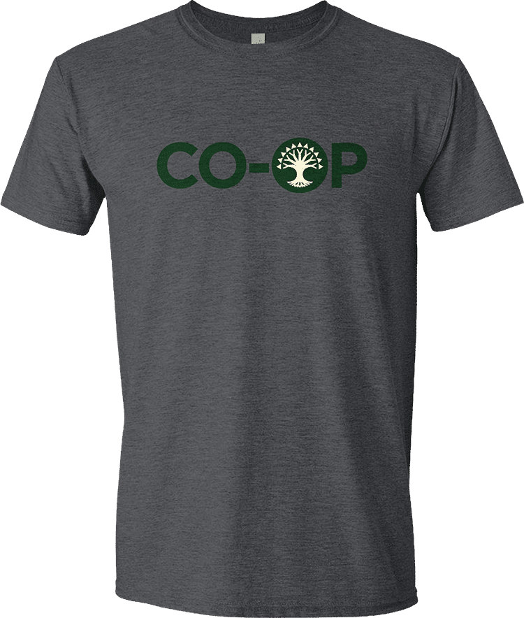 A dark gray t-shirt with the Selesnya Conclave Guild symbol and "CO-OP" text in green. Brand: MTG PRO Shop, Item: Guild Word Selesnya CO-OP T-shirt for Magic: The Gathering